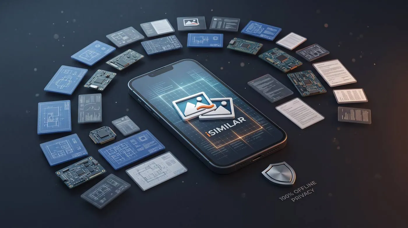 Un teléfono con iSIMILAR, rodeado de fotos de placas electrónicas, planos y documentos